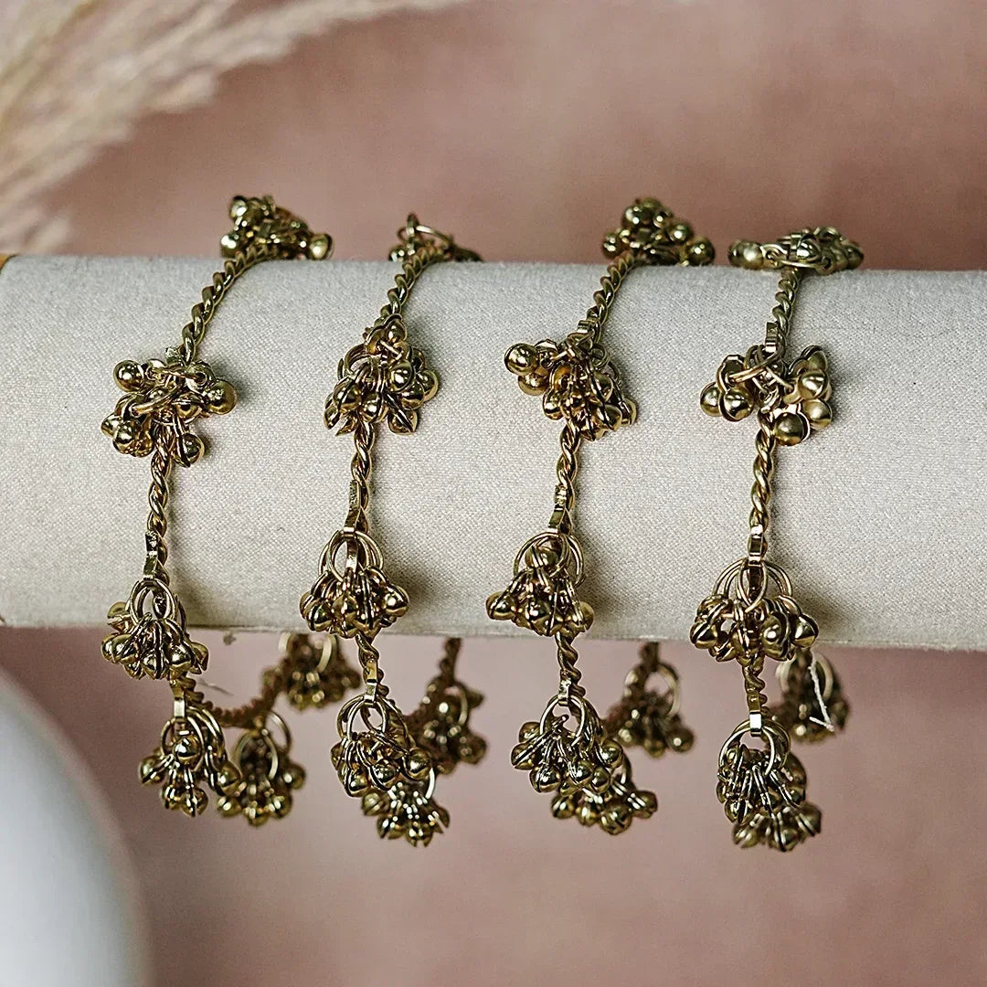 Ghungru Style Antique Gold Polished Metal Kada Bangles (Pack of 4) - The Golden Cascade